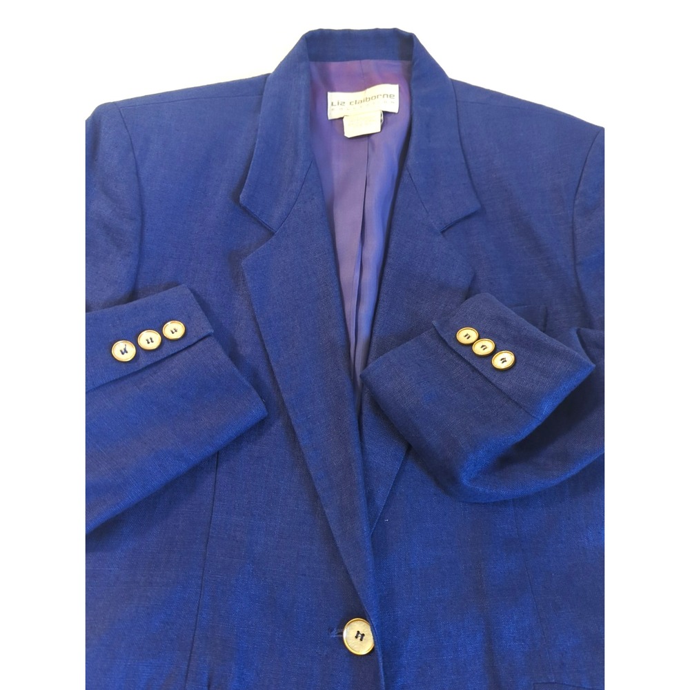 100% Linen Cobalt Blue Blazer Women 4 One Button Classic On Trend Chic Polished